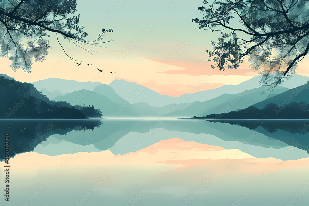 Fototapeta premium calm lake with a minimalist background illustration