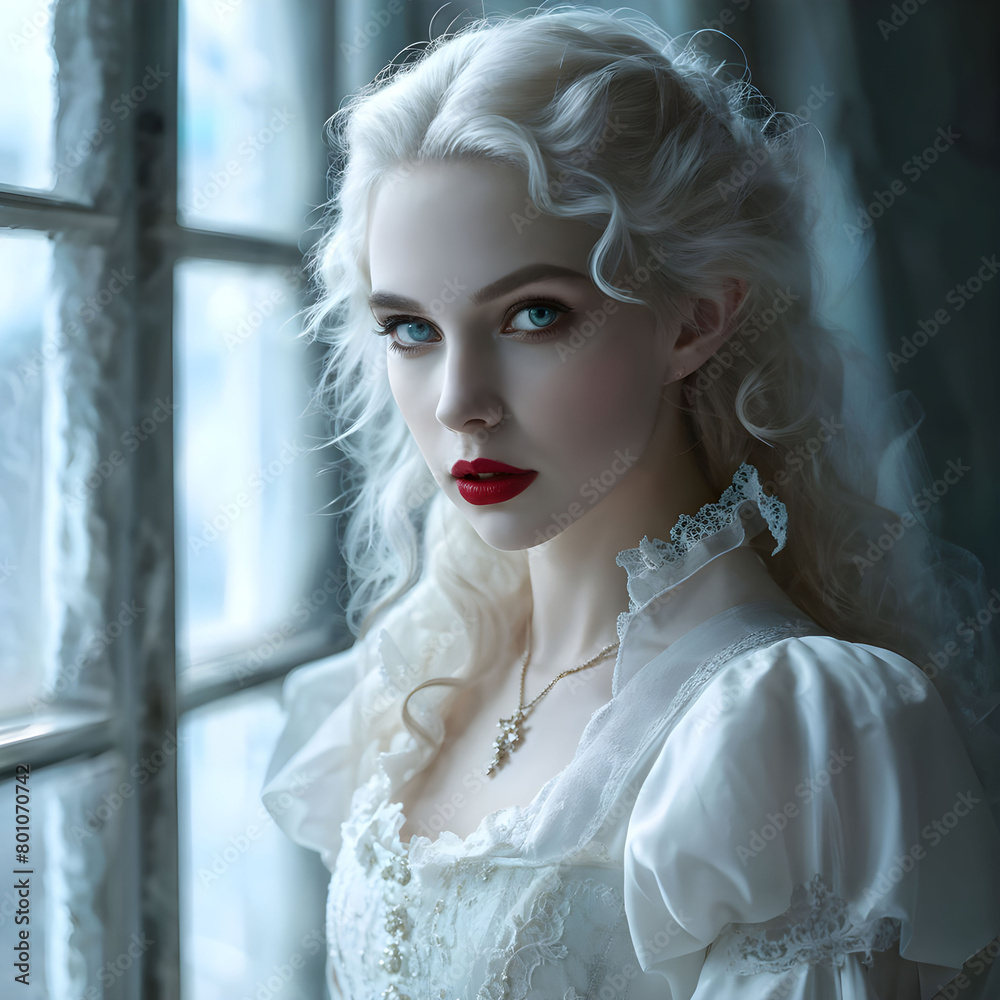 Fototapeta premium A hauntingly beautiful vampire with pale skin and piercing eyes, a hint of danger in their gaze. AI Generative