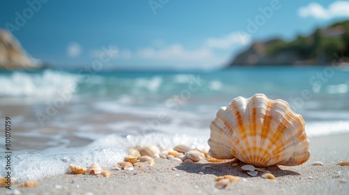 Shells On Beach With Blurred Ocean Background © Wanlop