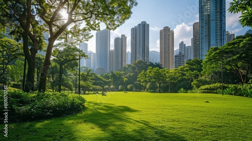 A park in the middle of a city with many trees and a large grassy area.