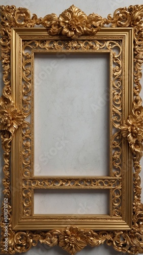 Ornately carved, gold picture frame hangs on light gray wall. Frame empty, waiting for picture. Large, elaborate flowers decorate each corner, smaller flowers, leaves adorn rest of frame.