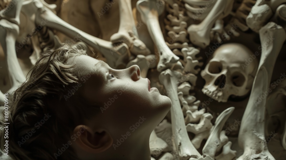A woman stands in a museum, looking up at skeletons displayed overhead