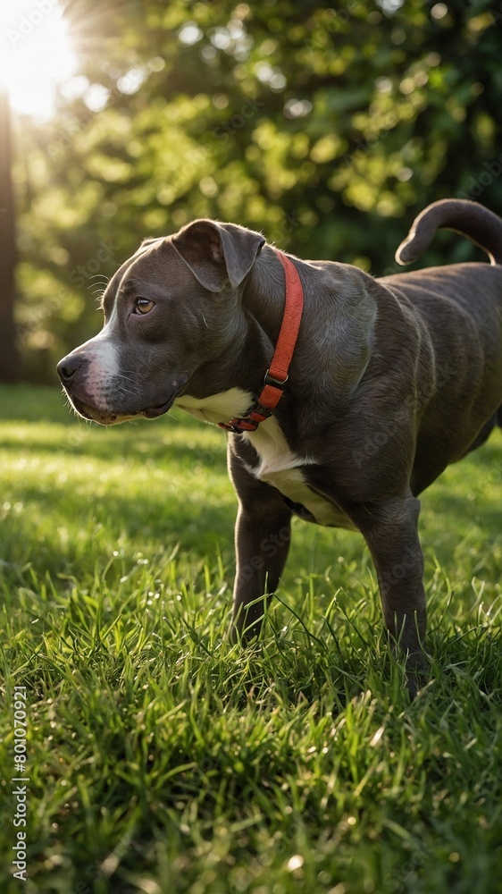 Muscular gray, white pit bull stands alert in grassy field with its tail held high, ears perked up, looking off into distance with focused expression. Sunlight filters through trees in background. Muscular gray, white pit bull stands alert in grassy field with its tail held high, ears perked up, looking off into distance with focused expression. Sunlight filters through trees in background.
