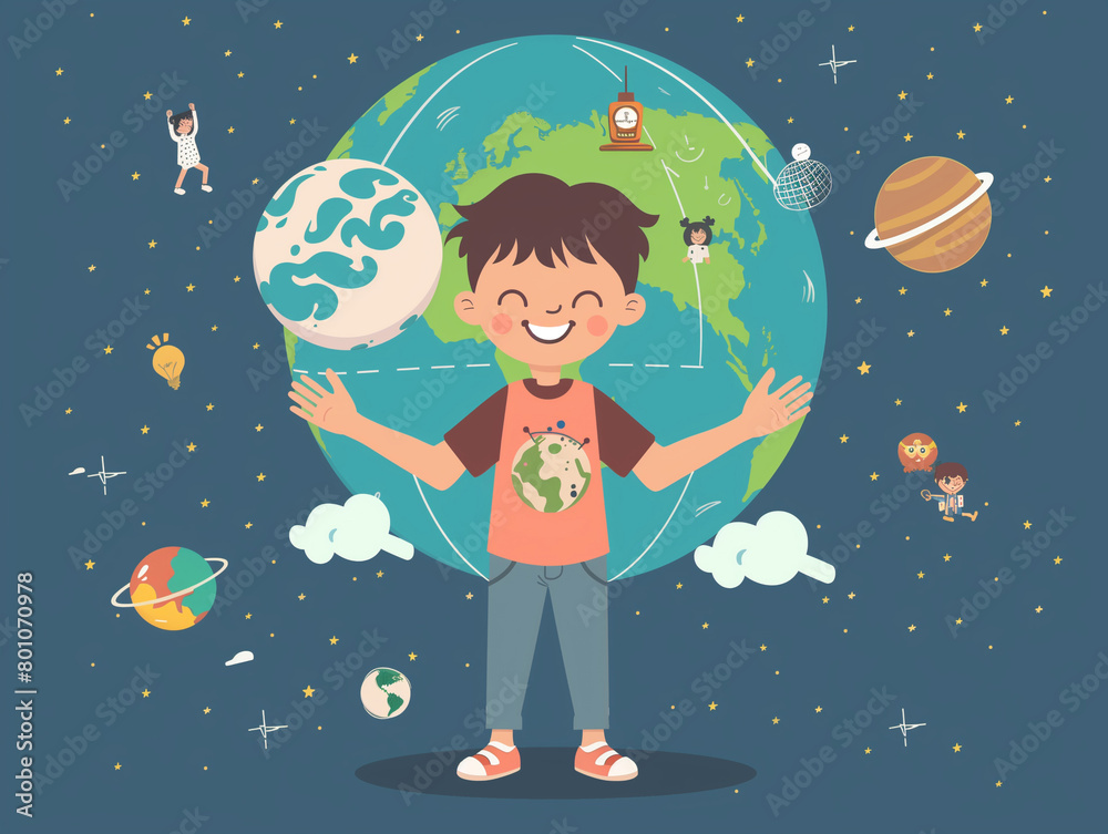 Boy with world sphere and space background.