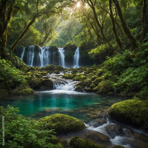 Water cascades over moss-covered rock face  forming series of small waterfalls that flow into crystal-clear pool below. Lush green vegetation surrounds falls  with ferns.