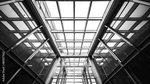Abstract architecture background. Modern office building with glass windows. Black and white.