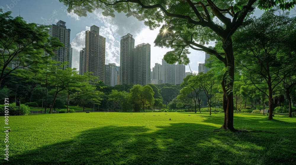 A park with lush green trees and grass with a view of the city skyline in the background.