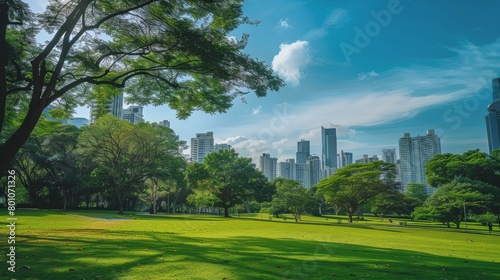 A park with a large grassy area, trees, and a view of the city skyline in the background.