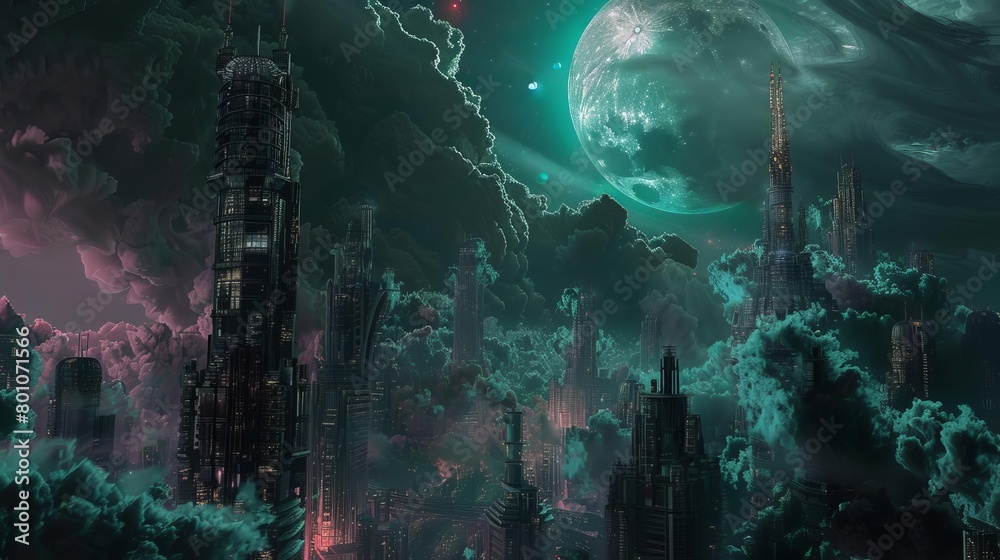 Generate a digital painting of a futuristic cityscape with a large moon in the background