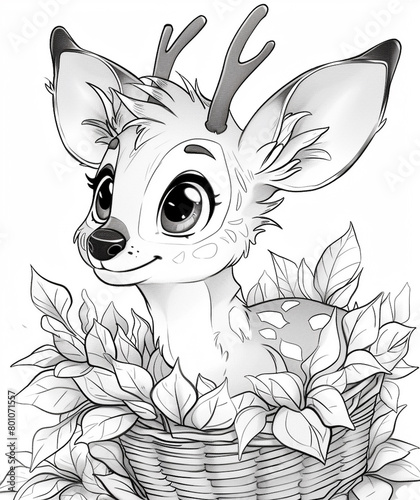 Coloring Page, Black and white, a cute cartoon Deer with big eyes 