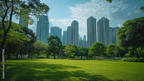 A park with lush green trees and grass in the foreground and a bustling city with skyscrapers in the background.