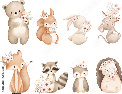 Watercolor Illustration Set of Woodland Animals and Flowers