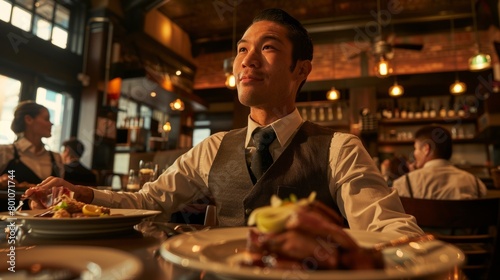A man sitting at a table  eating food from a plate while looking up at a waiter serving him