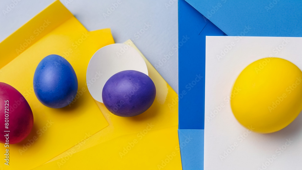 Colored easter eggs in carton on wooden white shabby background
