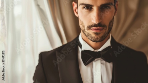 Handsome Groom in tuxedo or suit ready for the wedding to take the love of his life Generative AI