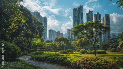 A park in the middle of a city with skyscrapers and lush greenery