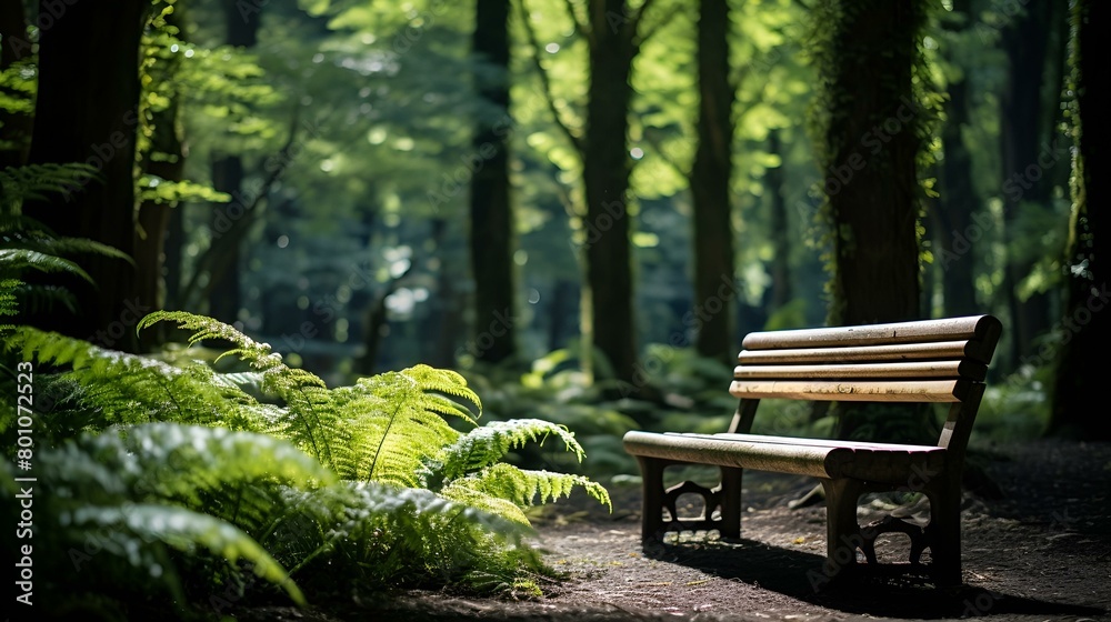 Old wooden bench in park summer or early autumn morning in forest with green trees