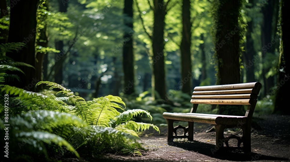 Old wooden bench in park summer or early autumn morning in forest with green trees Old wooden bench in park summer or early autumn morning in forest with green trees