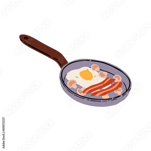 Traditional full English breakfast. Scrambled eggs and fried bacon, mushrooms on frying pan. Cooking food, cook brunch. Preparing of roasted morning eating. Flat isolated vector illustration on white
