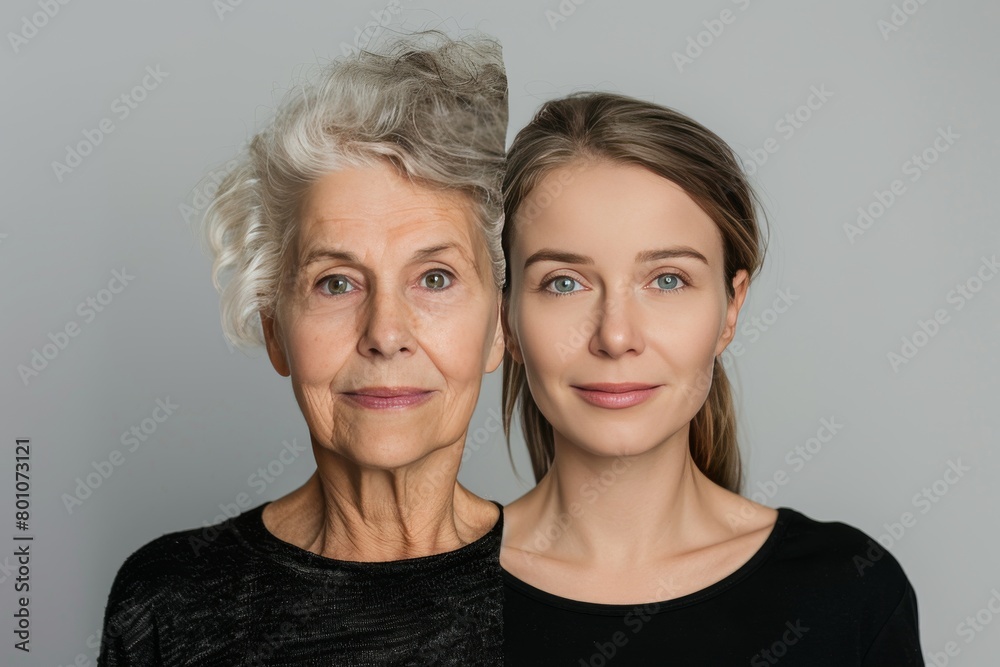 Longevity through skin care and renewal, showcasing glamorous hairdos amidst visible aging signs. Longevity through skin care and renewal, showcasing glamorous hairdos amidst visible aging signs.