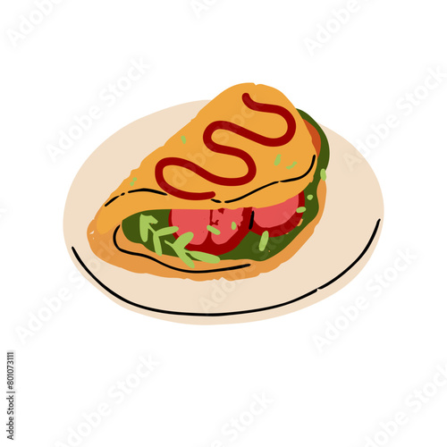 Omelette on plate for breakfast. Omelet with greens, meat fillings, sauce. Sausages are wrapped into scrambled eggs, crepe or tortilla. Tasty snack, food. Flat isolated vector illustration on white