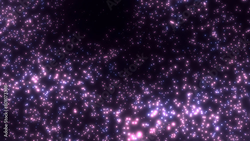 Abstract ultraviolet galaxy hi-tech background 8k 16:9 with shining stardust texture and copy space. Glowing white soft pink lilac lavender purple particles explosion, chaotic scattered dots on black photo