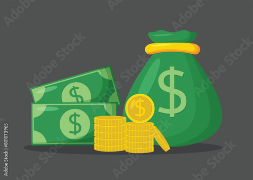 Money bag and stack of gold coins vector illustration