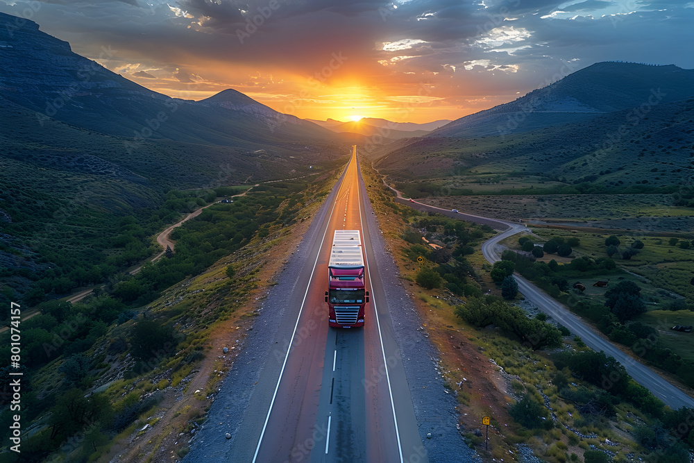 Obraz premium Two Red Trucks at Sunrise in a Rural Landscape