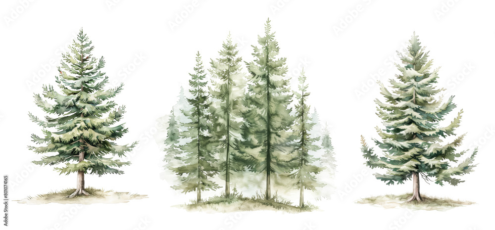 Pair of coniferous trees in watercolor style