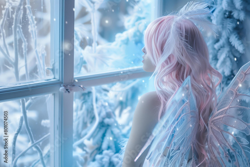 pink haired fairy with wings sitting on the window sill, looking out at an enchanted winter garden. Pastel blue and silver iridescent colors create a fairycore color palette for a cinematic, fantasy  photo