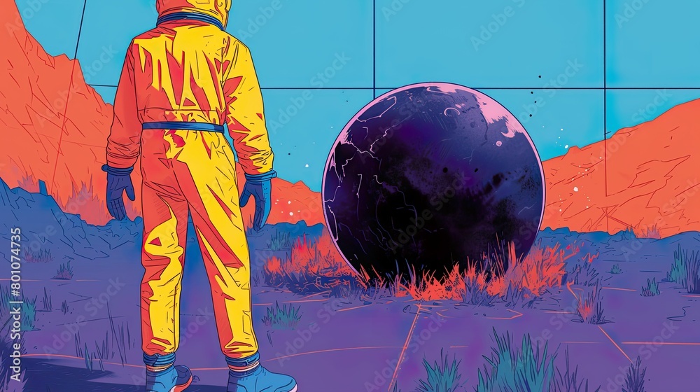 Obraz premium Black Hole Voyager, Spacesuit, Brave astronaut face the singularity, Exploring a civilization near a black hole, Infrared, Realistic, Golden Hour, Fish-eye Effect, Rear view