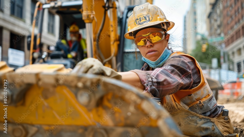 A female construction worker wearing a hard hat and safety glasses is working on a construction site.