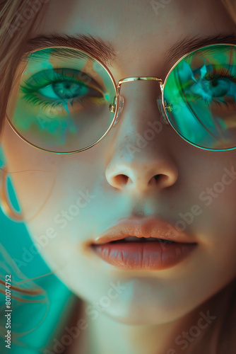 Portrait of a tender girl with freckles wearing glasses. Close-up.