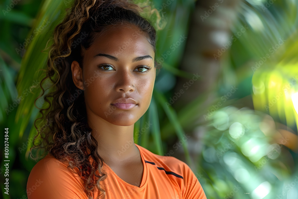 Young Woman in Tropics Wearing Orange Jersey Young Woman in Tropics Wearing Orange Jersey