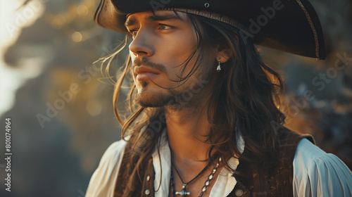 beautiful man with long hair and stubble wearing a pirate hat, a white shirt open at the collar and a brown vest on his chest, with a silver necklace and earrings, looking into the distance at the sea photo