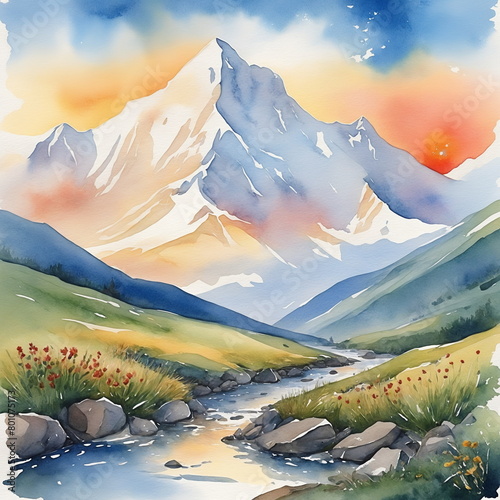 Watercolor landscape with Kazbek on the Russian-Georgian border photo