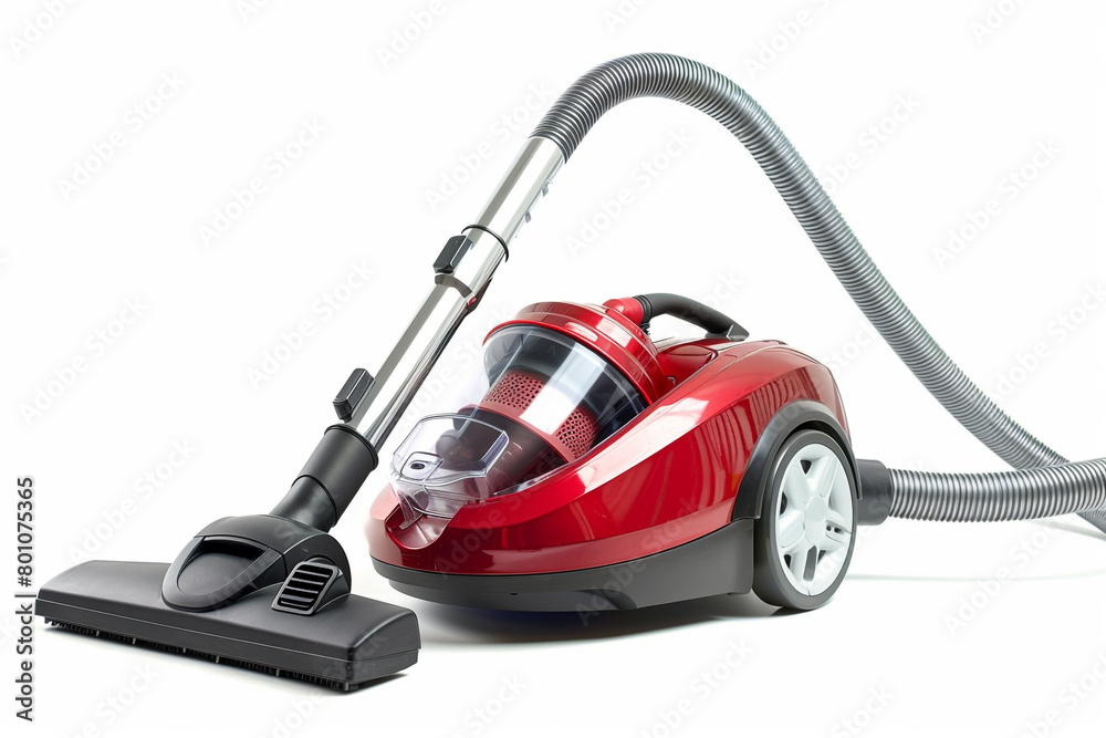 A versatile canister vacuum cleaner with multiple attachments for efficient cleaning isolated on a solid white background. A versatile canister vacuum cleaner with multiple attachments for efficient cleaning isolated on a solid white background.