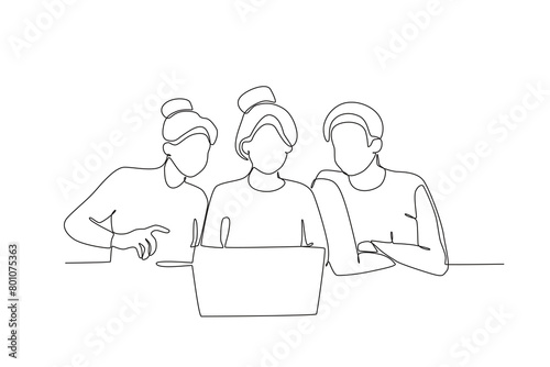 Single continuous line drawing of Three colleagues sharing thoughts with each other, Neighbors concept. Trendy one line draw design vector illustration.
