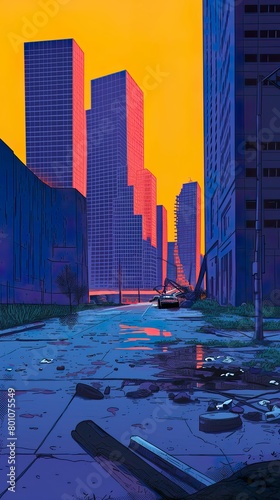 Dystopian urban city, flooded streets, ominous skyscrapers, pollution-choked skies, society in decay Realistic, Overcast, Vignette, Fish-eye lens view