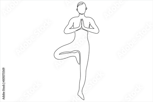  Continuous one line art drawing of man doing exercise in yoga pose outline vector illustration