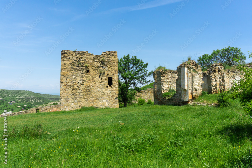 Tower and ruins or residence building in the courtyard of Nichbisi fortress, Georgia.