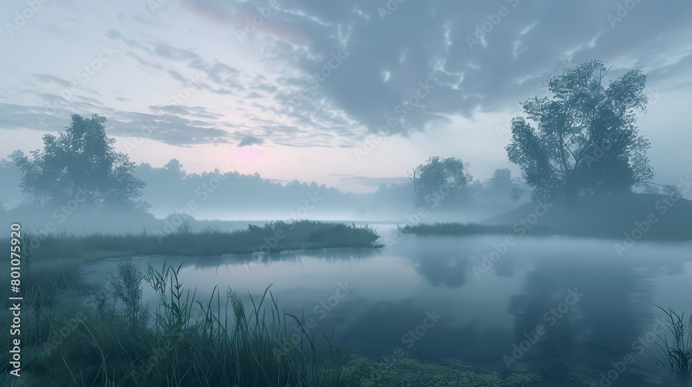 Fototapeta premium A thick fog envelops a peaceful rural landscape at sunrise.