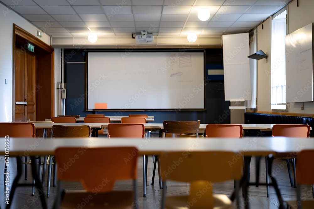Empty Modern College Classroom with Whiteboard and Furniture Empty Modern College Classroom with Whiteboard and Furniture