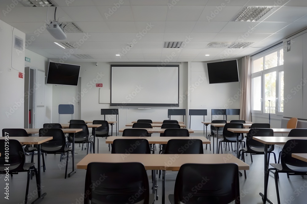 Minimalist Empty College Classroom with Whiteboard and Modern Furnishings Minimalist Empty College Classroom with Whiteboard and Modern Furnishings