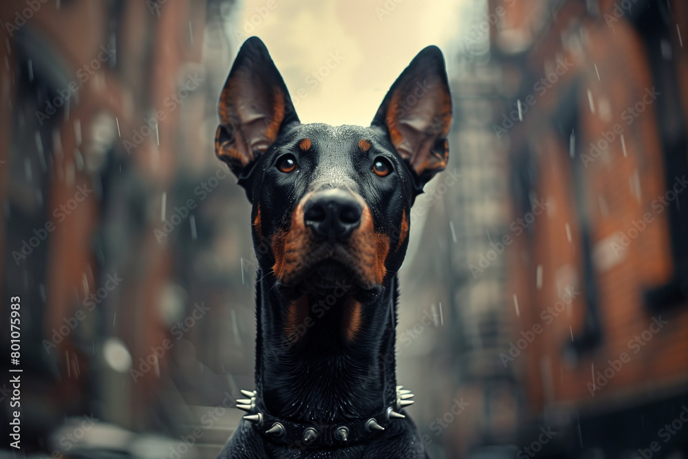 Portrait of doberman dog with studded collar, looking at camera, in new york city street, rainy day Portrait of doberman dog with studded collar, looking at camera, in new york city street, rainy day