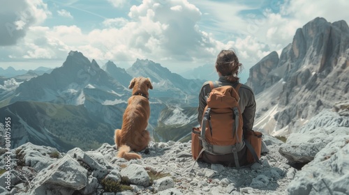 girl and dog sitting on a mountain top looking at the view