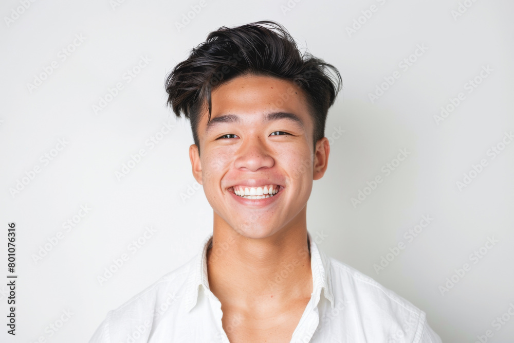 Portrait of healthy, cheerful handsome young Asian man smiling and looking at camera with white background. Happy, health and mental healthcare concept Portrait of healthy, cheerful handsome young Asian man smiling and looking at camera with white background. Happy, health and mental healthcare concept