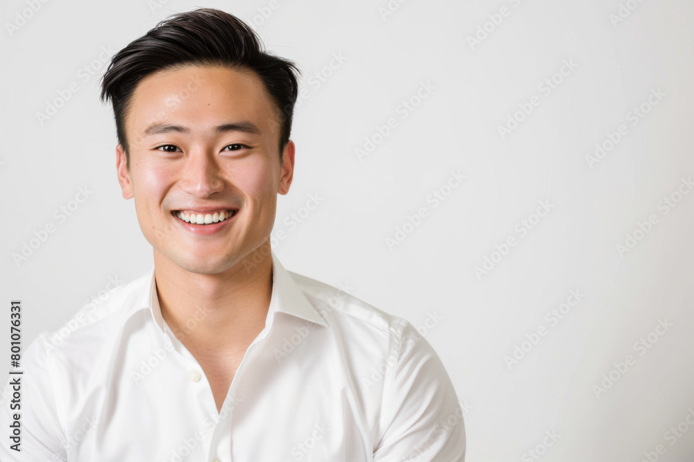 Portrait of healthy, cheerful handsome young Asian man smiling and looking at camera with white background. Happy, health and mental healthcare concept Portrait of healthy, cheerful handsome young Asian man smiling and looking at camera with white background. Happy, health and mental healthcare concept