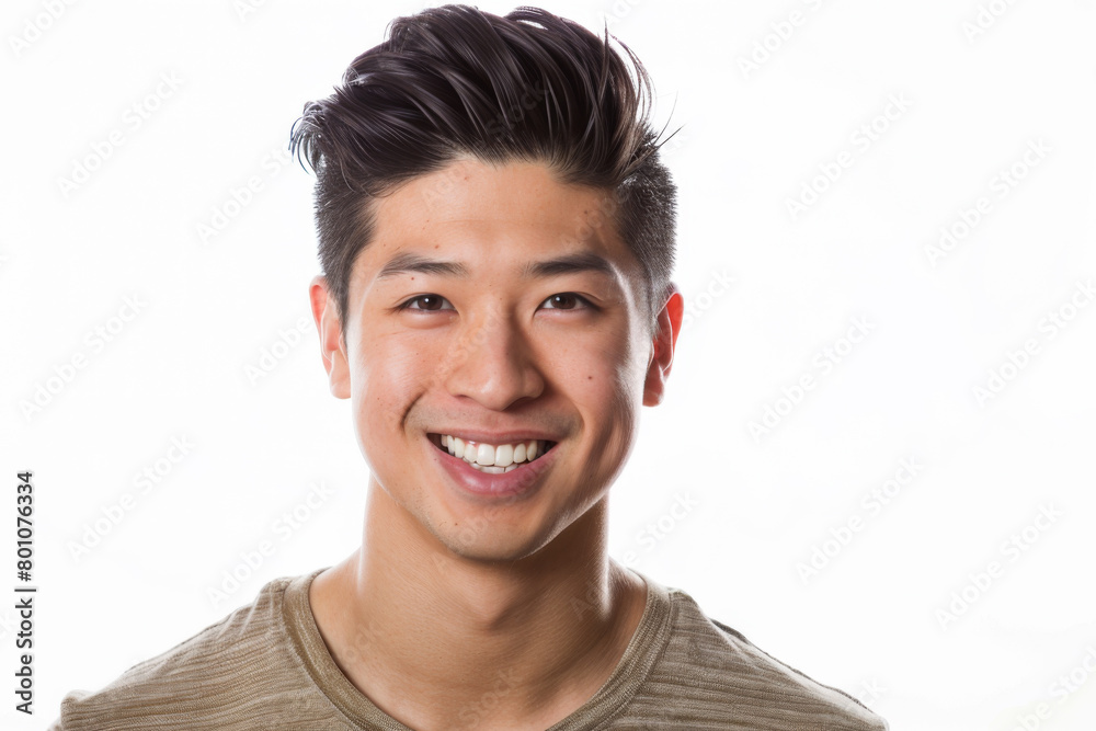 Portrait of healthy, cheerful handsome young Asian man smiling and looking at camera with white background. Happy, health and mental healthcare concept Portrait of healthy, cheerful handsome young Asian man smiling and looking at camera with white background. Happy, health and mental healthcare concept