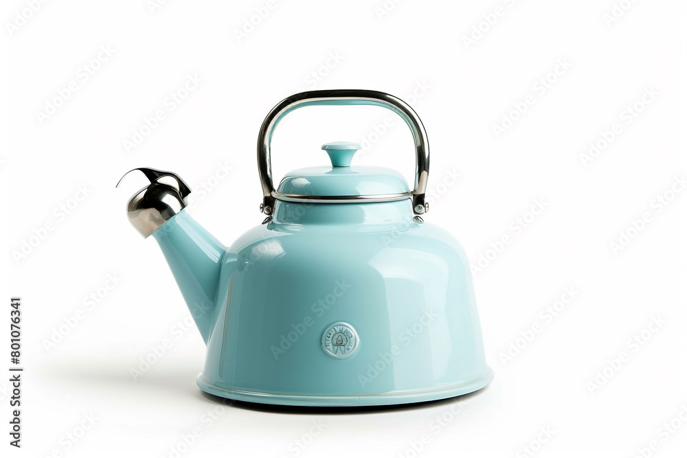 A vintage-inspired electric kettle with a pastel blue enamel finish and a whistle spout isolated on a solid white background.